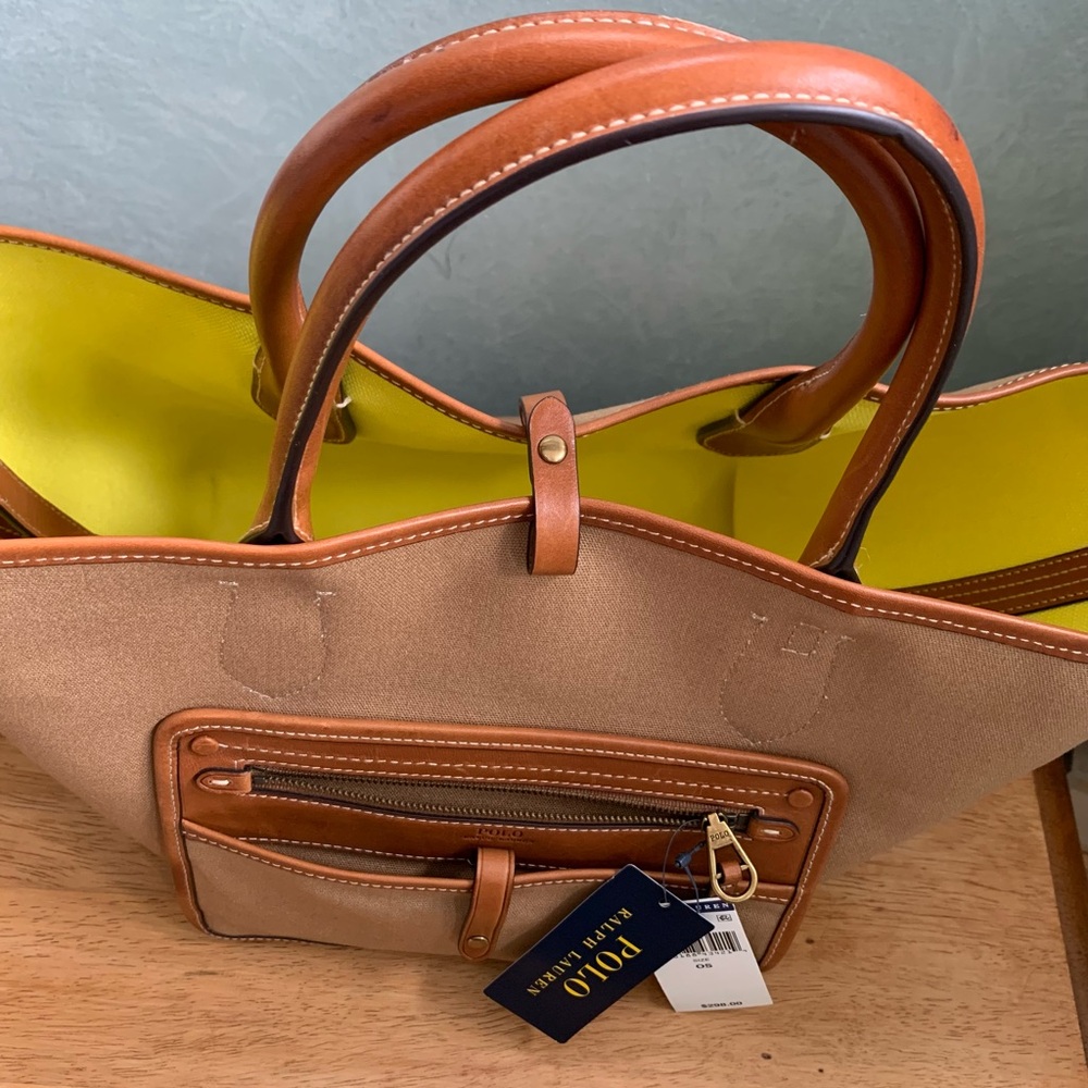 NWT Polo by Ralph Lauren Reversible Citron Yellow / Saddle Brown Tote Bag. - Picture 10 of 16